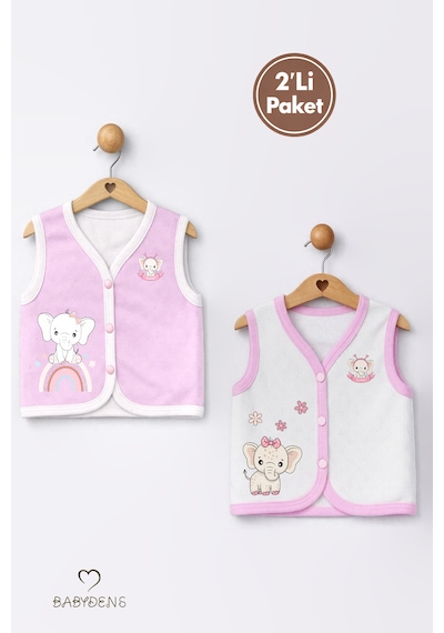 Babyden's 2 Li Kız Bebek Yelek Seti ,jakarlı Kalp Desenli,pamuklu,çıtçıtlı Bebek Yeleği Fil Baskılı,mevsimlik Ekru - Pembe