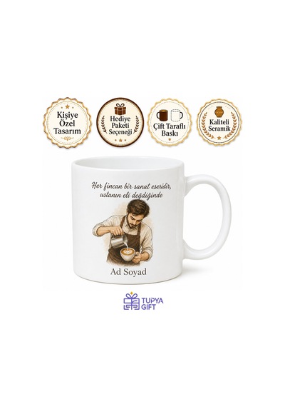 Barista Eğitimi Hediye Süt Köpüğü Kalp Çizen Kahve Ustası Kupa Bardak Beyaz / Çok Renkli