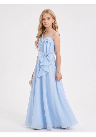 Zekids Kız Çocuk Asimetrik Drape Detaylı Fiyonklu Uzun Abiye Elbise-17327 Mavi