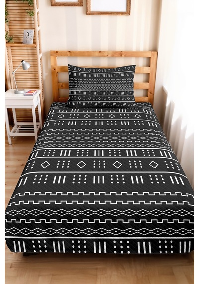 Siyah Geometrik Modern Genç Odası Tek Kişilik Pike Takımı - Etnik 160x220 Cm Kapitone Yatak Örtüsü Mistik Kahve Kıyımı