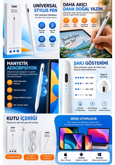 Universal Stylus Kalem Dokunmatik Tablet Telefon Kalemi İos Android Windows Uyumlu Type-c Şarjlı Pil Göstergeli İnce Uçlu Çizim Yazı Kalemi