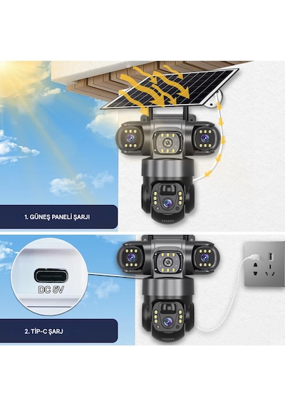 Güneş Enerjili 3 Kameralı Güvenlik 4k Mobil Uygulama İle 3 Kamerayı Kolayca Yönlendirin 3 Ptz