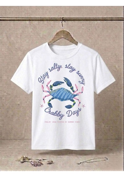 Kadın Stay Salty Yengeç Baskılı Kompakt T-shirt Beyaz