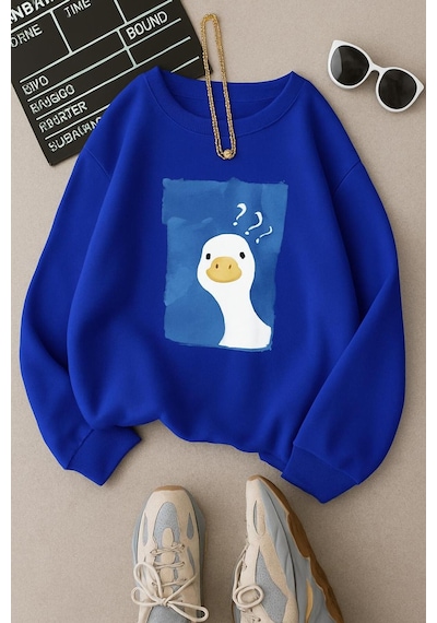 Benroma 3 İplik Penye Ördek Baskılı Unisex Sweatshırt Saks Mavisi