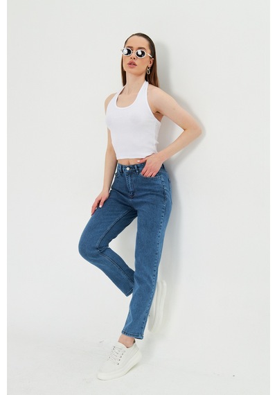 Kutaf Koyu Mavi Slım Fit Mom Jean Koyu Mavi