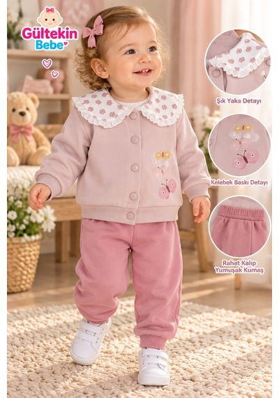 Iggy Butter Fly Desenli 3 İplik Şardonlu Ceketli Üçlü Takım 9-24 Aylık -al126498527 - Lila