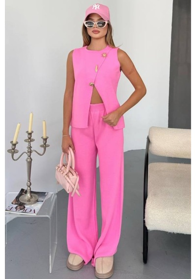 Kechi Woman Gold Aksesuarlı Triko Takım Pembe