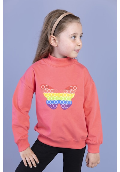 Toontoy Kız Çocuk Pamuklu Balıkçı Yaka Popıt Desenli Sweatshirt Nar Çiçeği