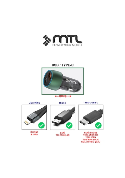 48w Hızlı Şarj Destekli Çift Portlu Type-c + Usb Akım Korumalı Led Işıklı Araç Şarj Cihazı Mt 1832