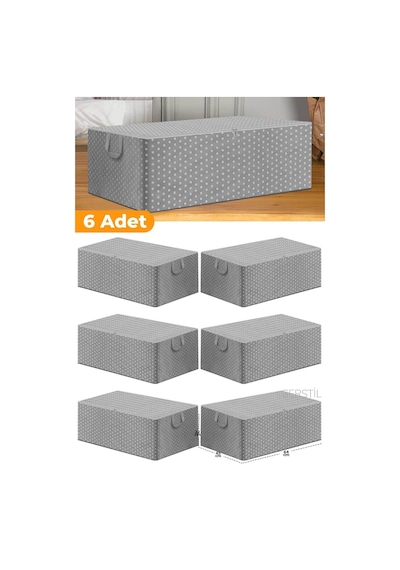 Serstil 6 Adet - Gri Benekli Büyük Boy Baza Altı Ve Çekyat Tipi Hurç 65 X 45 X 22 Cm Beyaz
