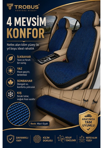 Hyundai Elantra 2016-2020 Üniversal Örme 3 Parça Minder Terletmez Kaymaz Taban Siyah Mavi