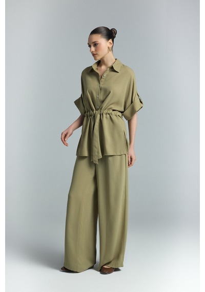 Beli Bağlamalı Kimono Gömlek - Haki-137290