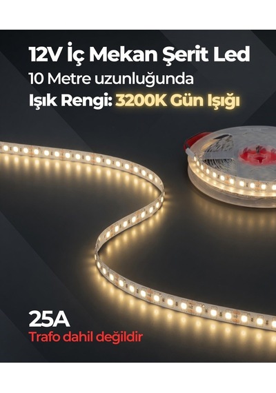 Daha 12v İç Mekan Şerit Led 10 Metre 3200k Gün Işığı Kesilebilir Led Şerit Trafo Hariç 10 Metre Gün Işığı