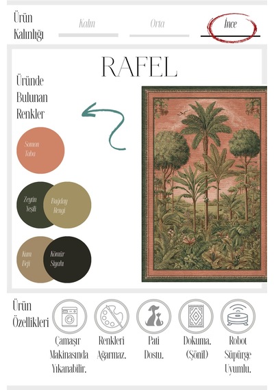 Rafel 905 Pembe Yeşil Palmiyeli Halı Tasarım Halı Yıkanabilir İnce Dokuma Salon Oturma Odası Halısı