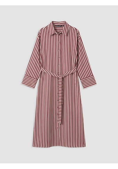Lcw Modest Bordo Beli Kuşaklı Çizgili Gömlek Elbise