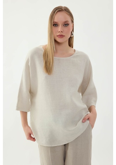 Vitrin %100 Keten Geniş Yaka Oversize Kısa Kol Bluz Taş
