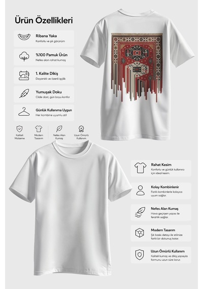 Spoyi Bohem Kilim Tasarımlı %100 Pamuk Yarım Oversize Beyaz T-lhirt