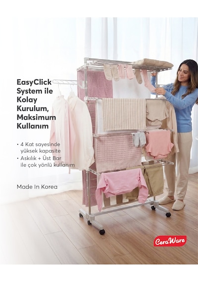 Home S4 Premium 4 Katlı Çamaşırlık Made in Korea Tam Katlanır Tekerlekli Çamaşır Kurutmalık