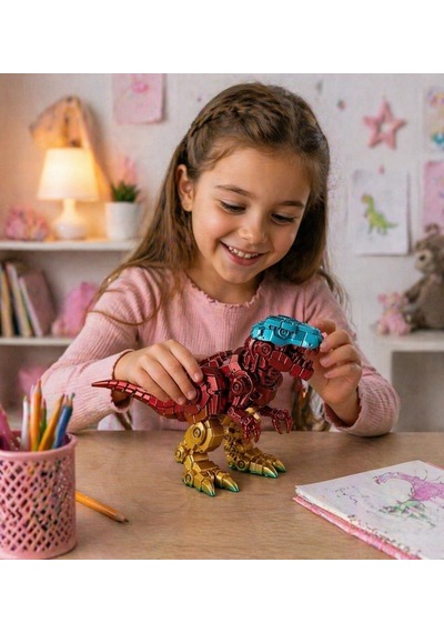 Robotik Görünümlü T-rex Dinozor Figürü Metalik Efektli Plastik Dekoratif Biblo Sabit Model