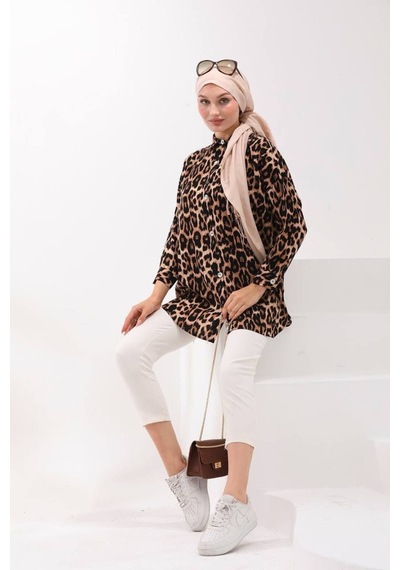 Polologin Butik Kahverengi Leopar Desen Viskon Tunik Gömlek Siyah