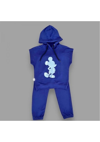 Pekminibebe 3-4-5 Yaş Kapşonlu Payetli Mickey Desenli Kısa Kol 2li Kız Erkek Çocuk Takımı Lacivert