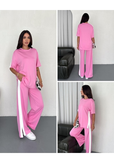 Elaxi Modal Şeritli Yırtmaç Detaylı Pantolon Tişort Takım Pembe