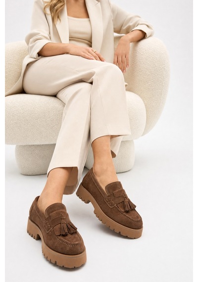 Luvi Shoes Poen Toprak Süet Hakiki Deri Püsküllü Kadın Loafer Ayakkabı