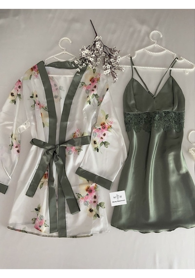 Mh Moony Homewears Saten Yeşil Elmas Gecelik Sabahlık Seti Yeşil