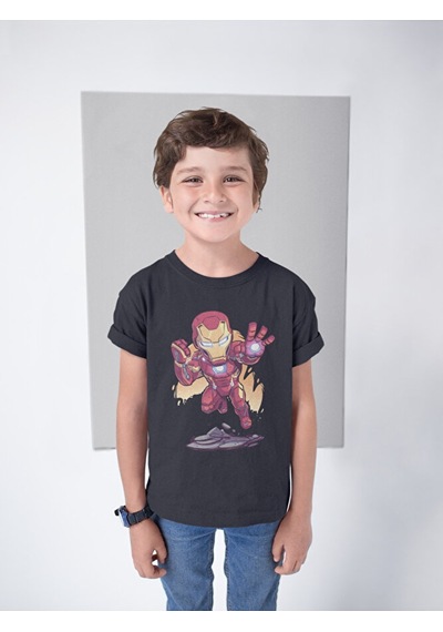 Sevbano Tasarım Ironman Demiradam Baskılı Unisex Avengers Film Çocuk Tişö Siyah