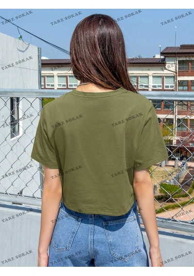 Flood Of Style Crop Ckod-232913 Dazy Sloganlı Yuvarlak Yaka Yeşil