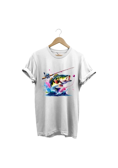 Fishing Balıkçılık Renkli Levrek Balığı Baskılı Avcılık %100 Pamuk Regular Fit Unisex T-shirt Beyaz