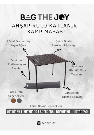 Bag The Joy 60 x 60 x 55 CM Ahşap Katlanır Kamp Masası - Antrasit Kahverengi