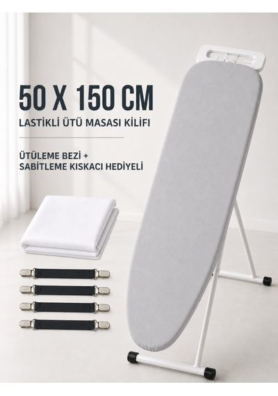 HEDİYELİ Ütü Masası Kılıfı Ütü Bezi ve Gerdirme Kayışı 50x150 CM Lastikli 4 Katmanlı Süngerli Pamuklu Isıya Dayanıklı Ütü Kılıfı