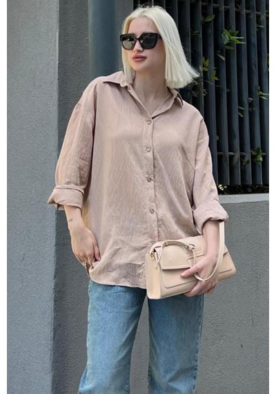 Madmext Bej Uzun Kollu Çizgili Oversize Gömlek Mg2080-bej Bej