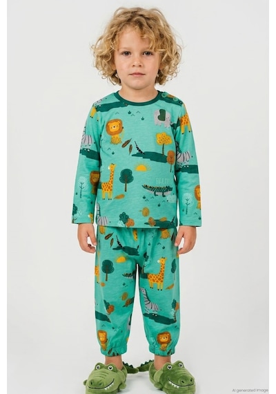Breeze Erkek Bebek Pijama Takımı Safari Temalı Sevimli Hayvancıklar Desenli 9 Ay-3 Yaş, Yeşil