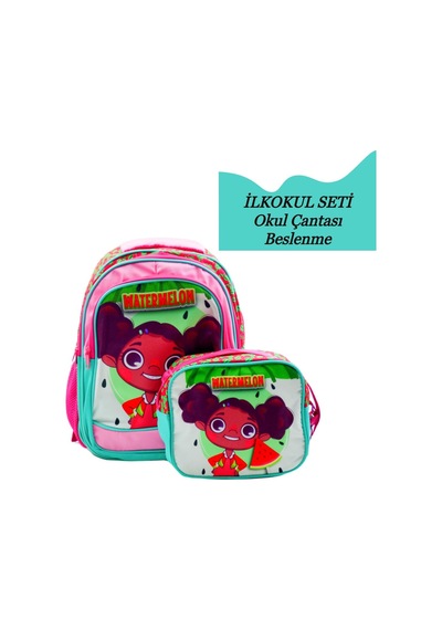 3 Bölmeli İlkokul Okul Sırt Çantası Ve Beslenme Çantası Watermelon Yeşil Yeşil-pembe