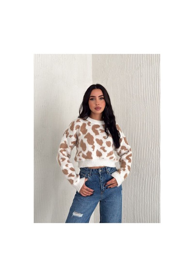 Wellway Leopar Desen Triko Crop Model Bisiklet Yaka Kazak Bej Bej