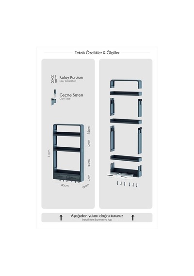 Walle Yapışkanlı Duvar Rafı, Banyo Mutfak Organizeri, 70x40x10 Cm, Beyaz, Çekmeceli Kancalı Muk-02-14