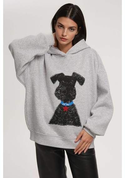 Hiccup Oversize Baskılı Kapüşonlu Sweatshirt Gri