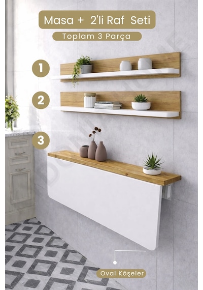 Duvara Monte Katlanır Masa & 2 Li Raf Seti Beyaz Çam 60x110 Cm Beyaz - Çam