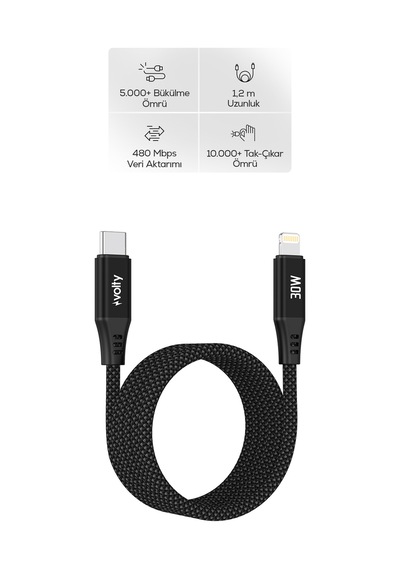 Type-c To Lightning Apple iPhone Uyumlu  Şarj Kablosu 30w Pd Hızlı Şarj, 480mbps, 1.2m, Manyetik Örgü V0207004