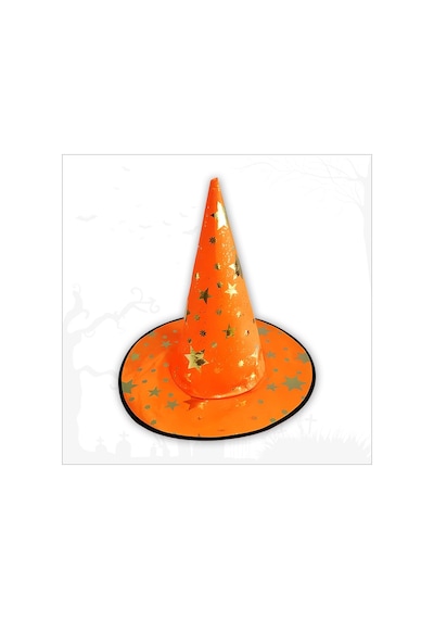 Yıldız Desenli Hallloween Cadı Şapkası, 38cm - Turuncu
