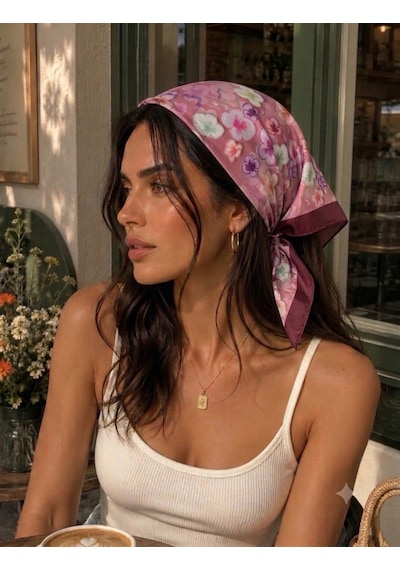 Trend Dokunuş Kadın 50-50 Saten Çiçek Bahçesi Fular Bandana Bordo - Pembe
