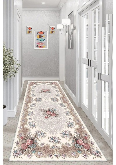 Pelangi Gül Desenli Dijital Baskı Yıkanabilir Modern Salon Halı Ve Yolluk, Bej 60 X 120, 9554527601207 Diğer