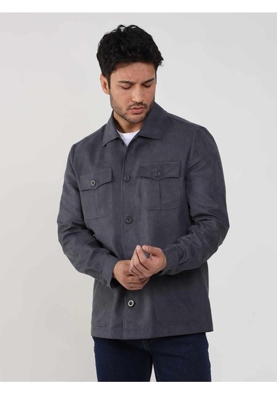 Dufy Gri Erkek Regular Fit Düz Klasik Yaka Süet Mont - 105399-Gri
