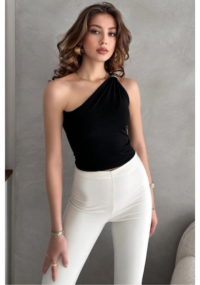 Pera Butik Özlem Yılmaz Tek Omuz Bluz Siyah&bordo Siyah