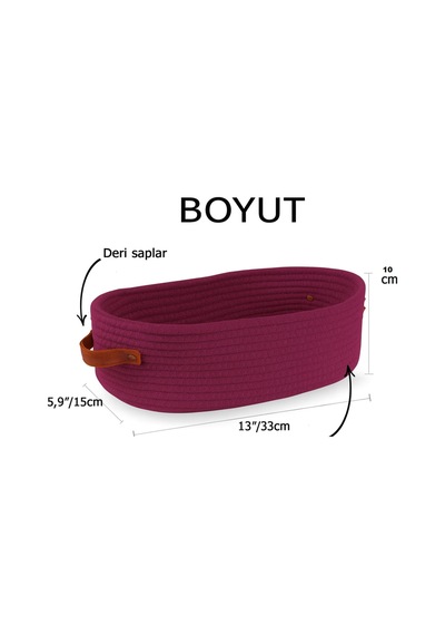 Mavaux Doğal Hasır Görünümlü 15x33x10 Çok Amaçlı Sepet Deri Saplı, Dekoratif Ve Fonksiyonel Organizer Mürdüm