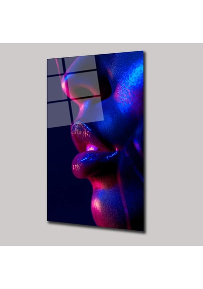 Neon Kadın Yüz Detayı Cam Tablo Neon Işıklı Modern Portre 50x70