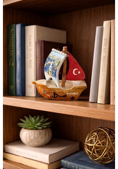 Kemer Hatırası Seramik Mini Gemi Yelkenli Biblo Dekoratif Şık Hediyelik Obje Türk Bayrağı Detaylı