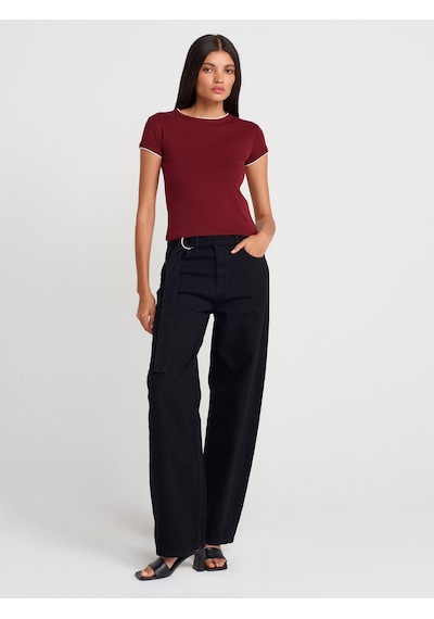 Dilvin 31750 Kontrast Kısa Kollu Tshirt-açık Bordo Açık Bordo